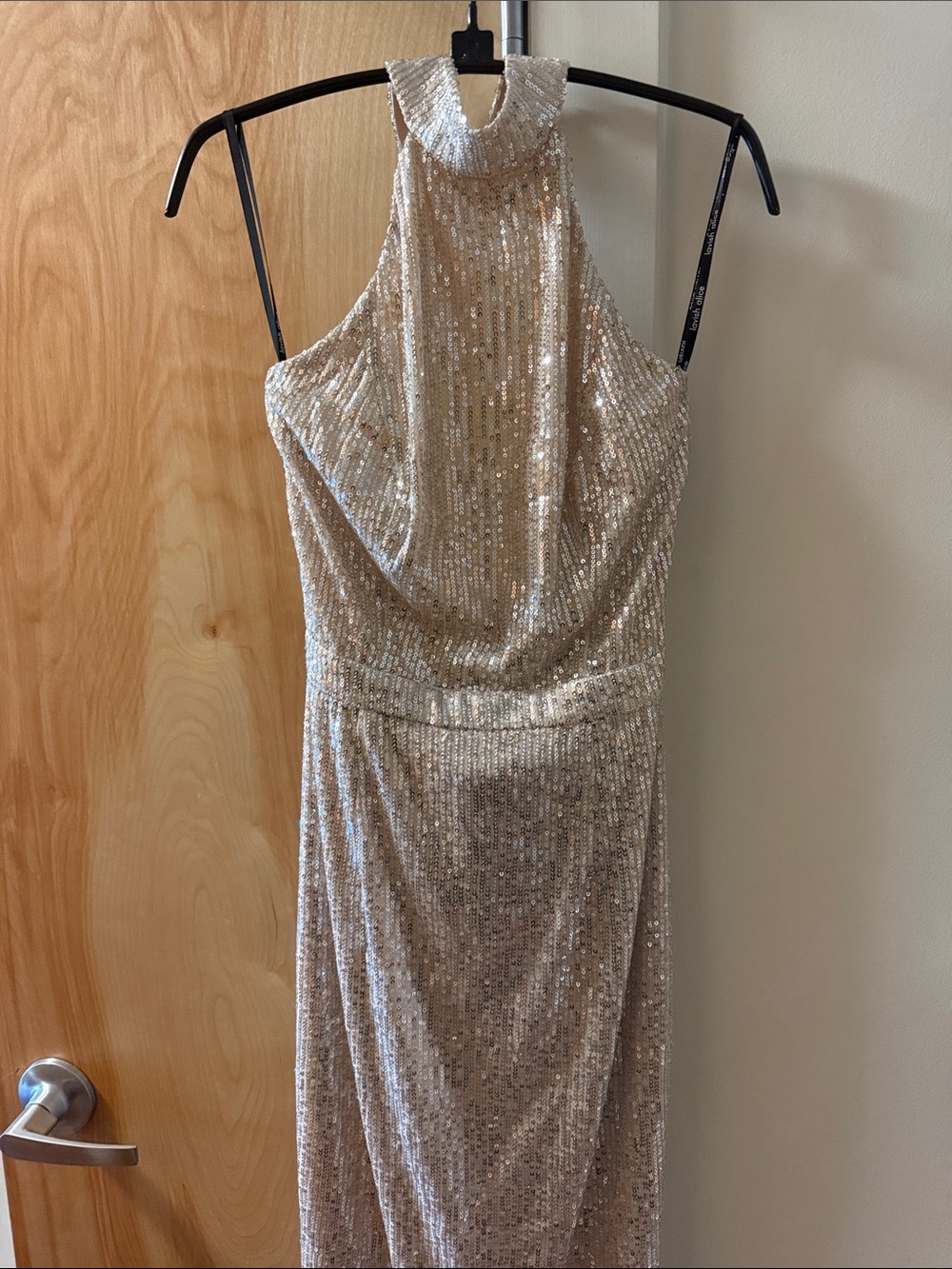 Lavish Alice Champagne Sequin Strapless Halter Evening Gown